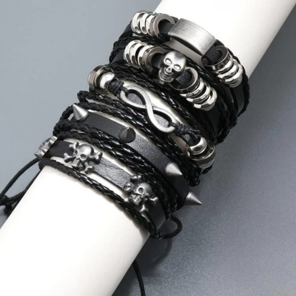 5 pcs Men Skull Black Faux Leather Bracelet Set - Picture 3 of 6